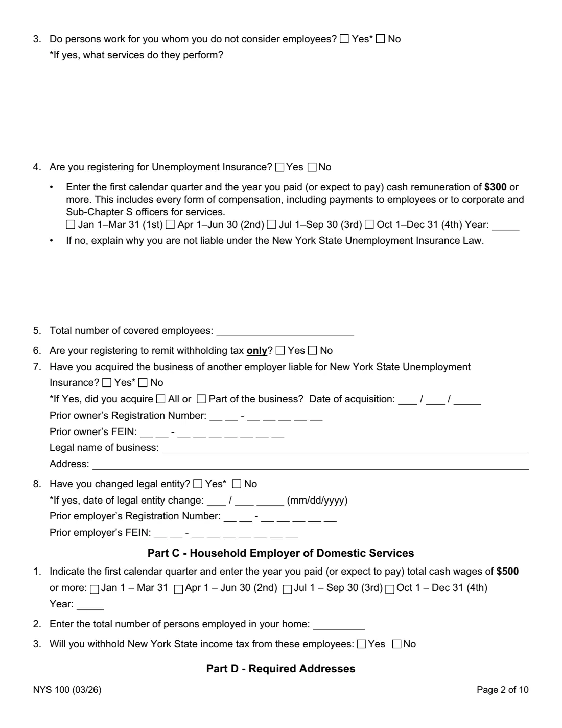 Form NYS 100 (2026) New York State Employer Registration for Unemployment Insurance, Withholding, and Wage Reporting — page 2 of 10