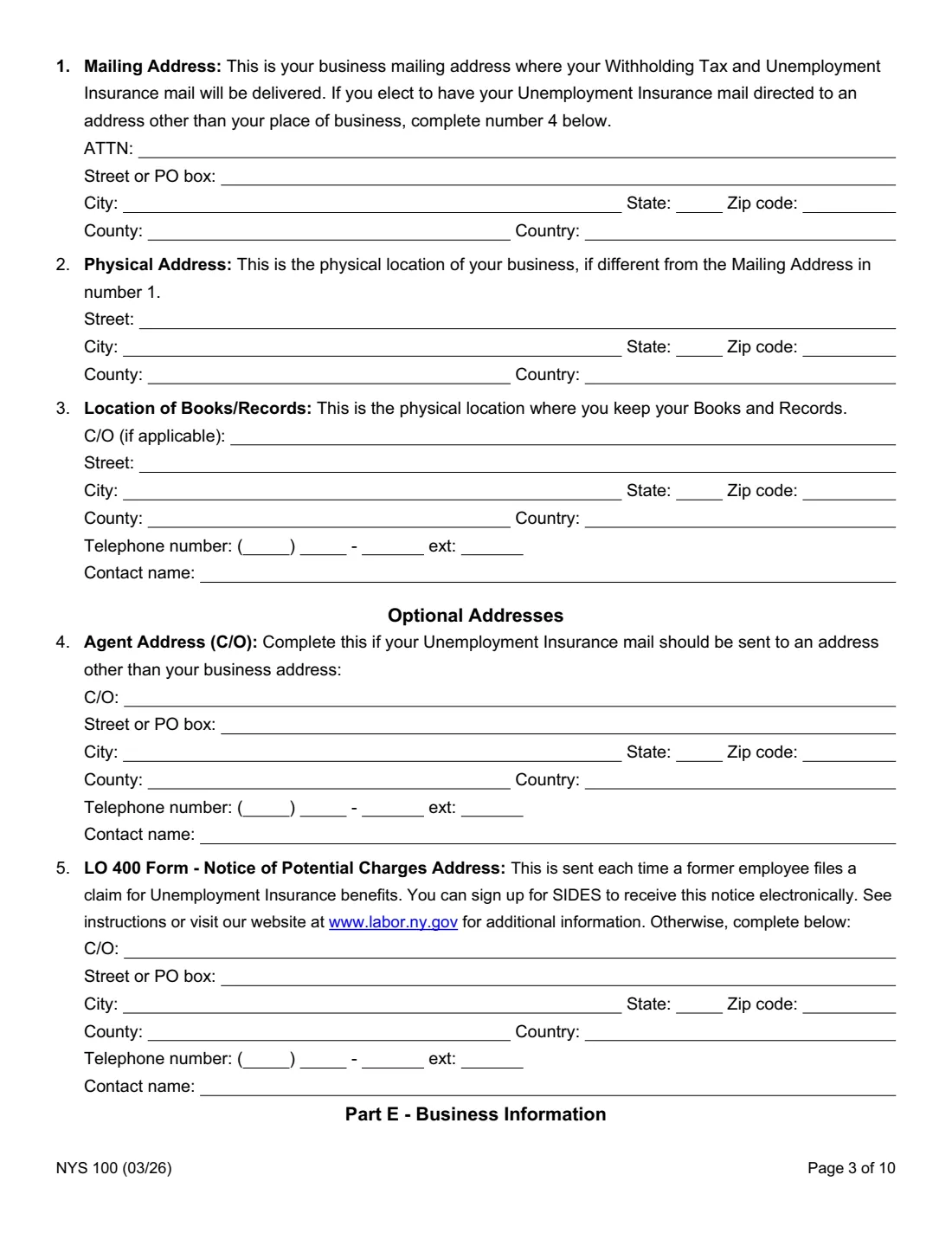 Form NYS 100 (2026) New York State Employer Registration for Unemployment Insurance, Withholding, and Wage Reporting — page 3 of 10