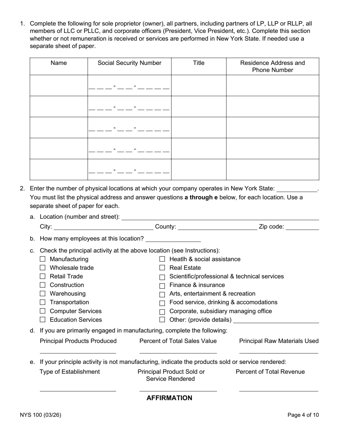 Form NYS 100 (2026) New York State Employer Registration for Unemployment Insurance, Withholding, and Wage Reporting — page 4 of 10