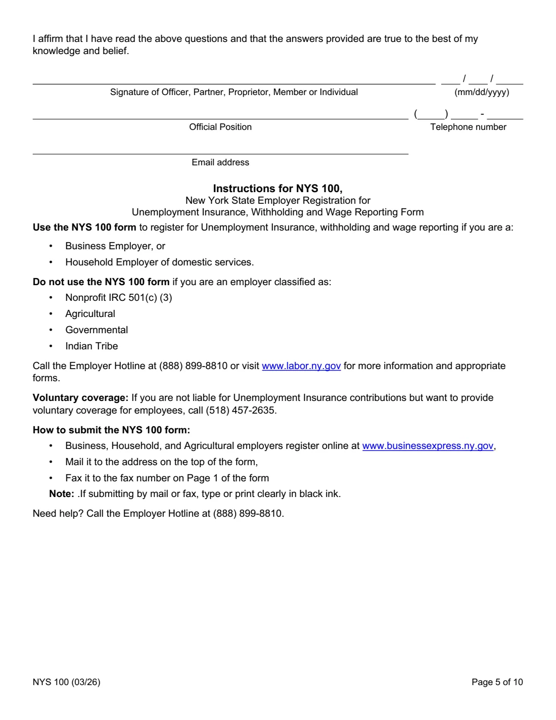 Form NYS 100 (2026) New York State Employer Registration for Unemployment Insurance, Withholding, and Wage Reporting — page 5 of 10
