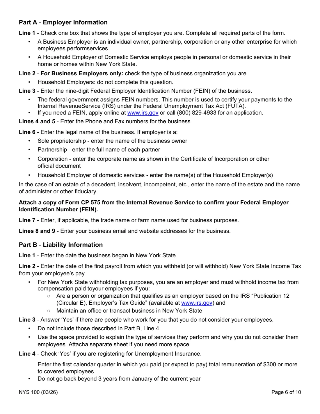 Form NYS 100 (2026) New York State Employer Registration for Unemployment Insurance, Withholding, and Wage Reporting — page 6 of 10