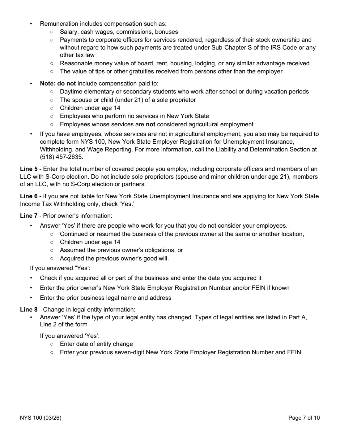 Form NYS 100 (2026) New York State Employer Registration for Unemployment Insurance, Withholding, and Wage Reporting — page 7 of 10