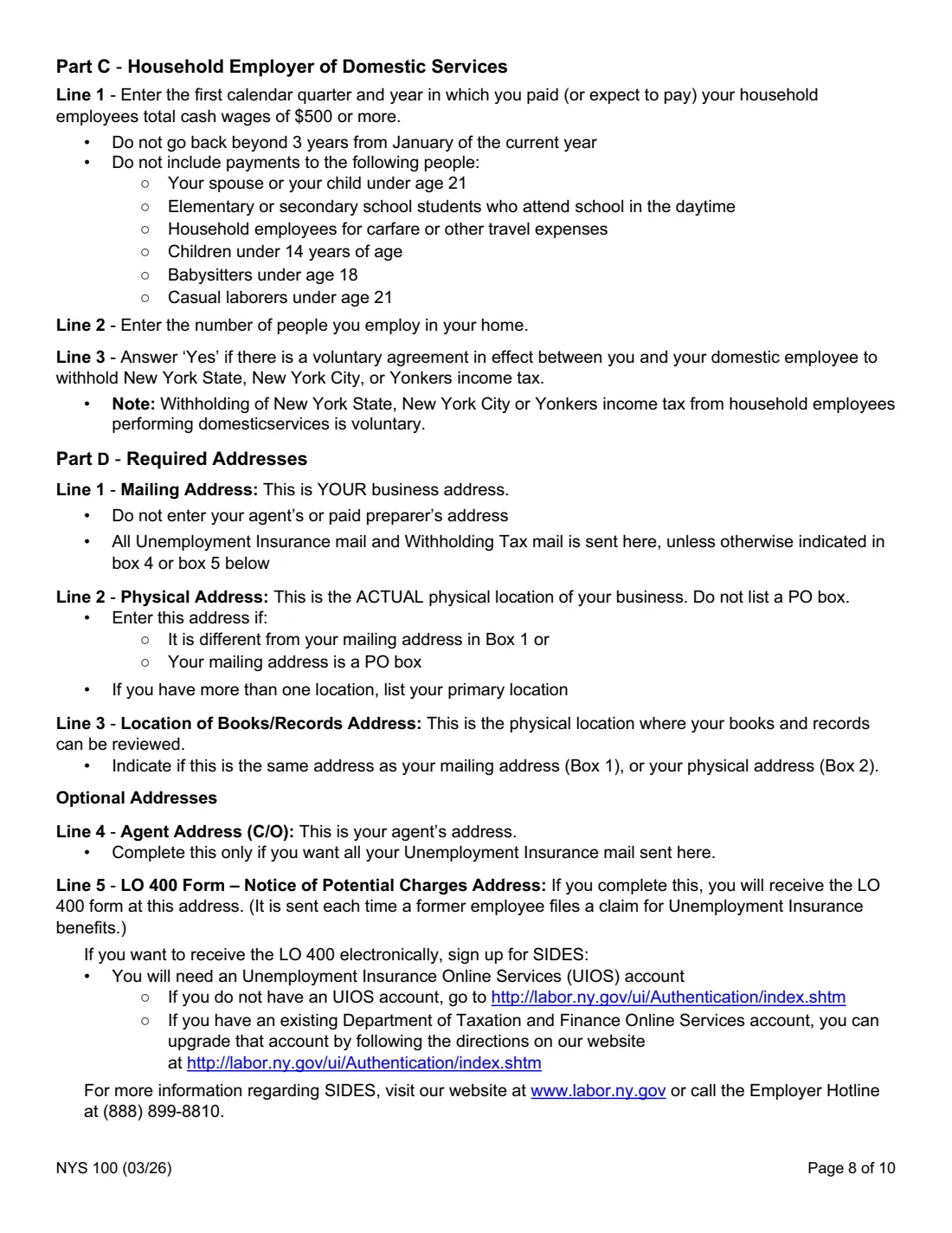 Form NYS 100 (2026) New York State Employer Registration for Unemployment Insurance, Withholding, and Wage Reporting — page 8 of 10