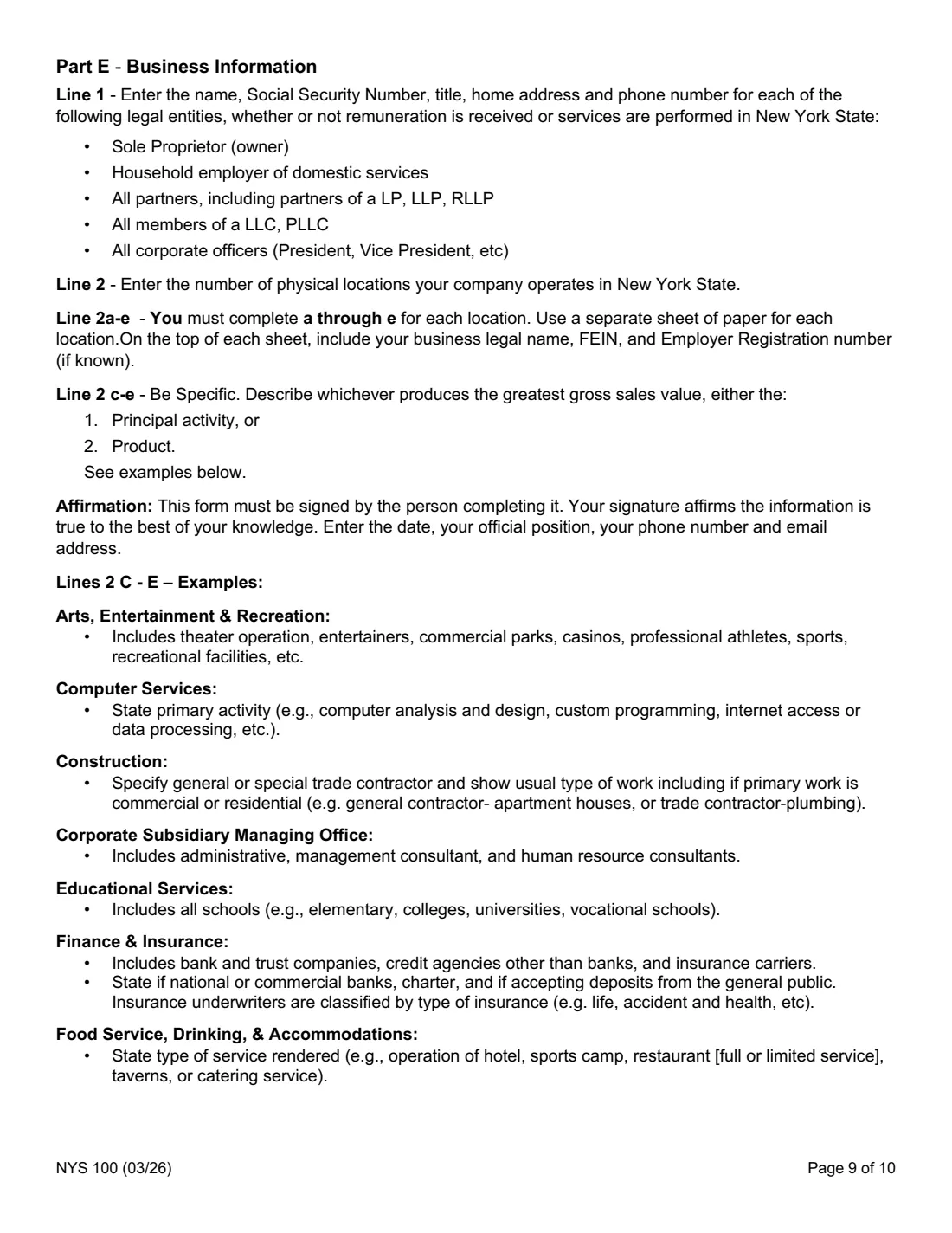 Form NYS 100 (2026) New York State Employer Registration for Unemployment Insurance, Withholding, and Wage Reporting — page 9 of 10