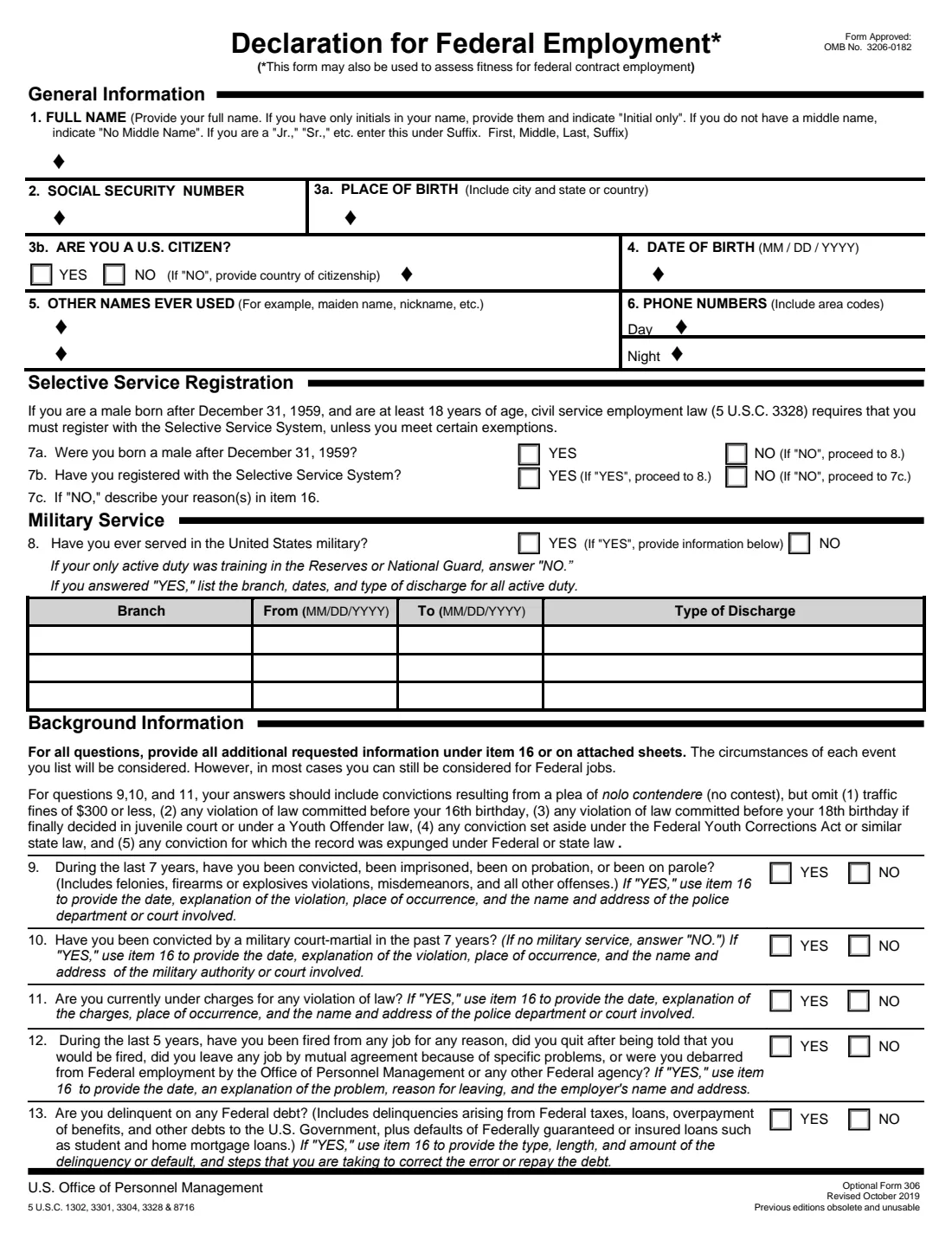 Optional Form 306 (2019) Declaration for Federal Employment — page 2 of 3