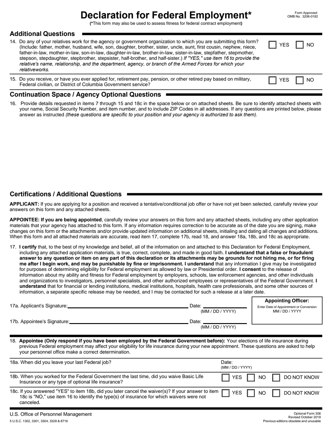Optional Form 306 (2019) Declaration for Federal Employment — page 3 of 3