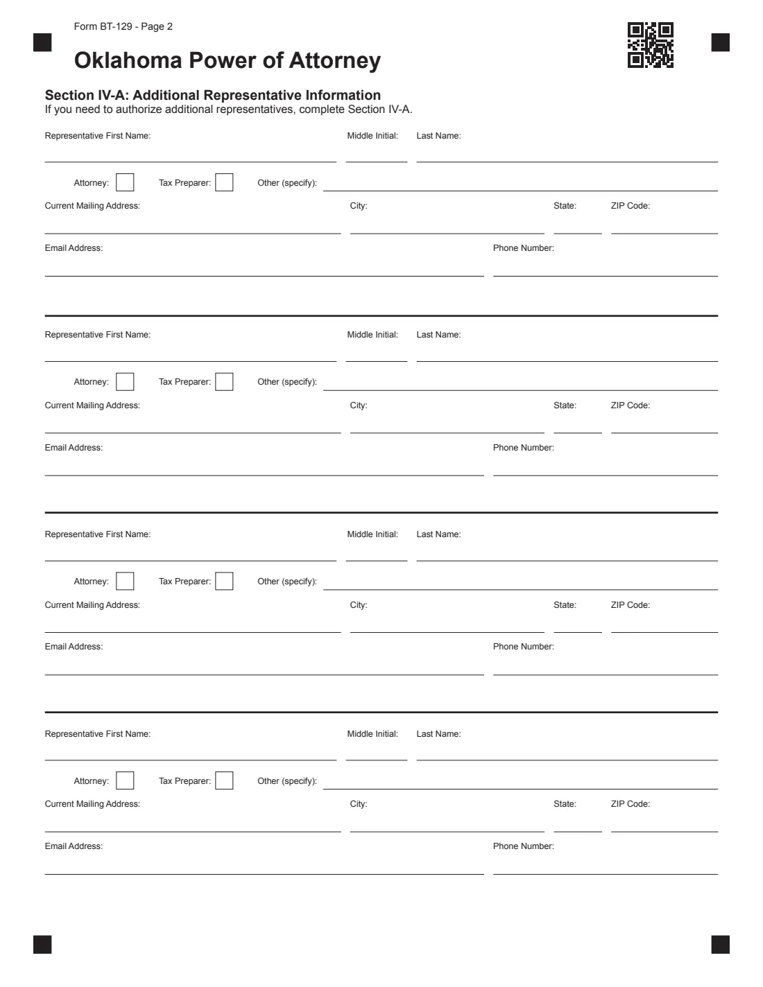 Form BT-129 (2026) Oklahoma Power of Attorney — page 2 of 3