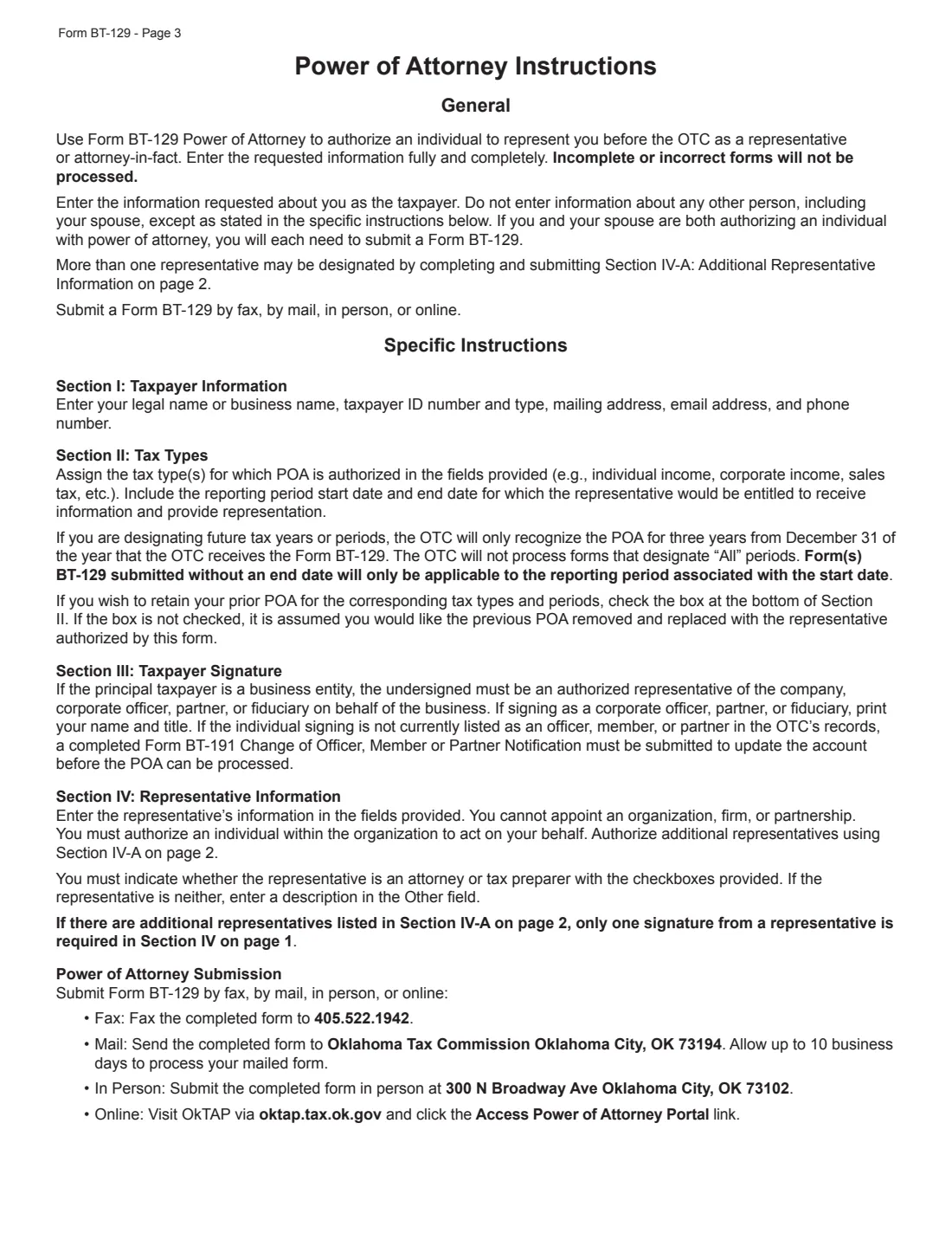 Form BT-129 (2026) Oklahoma Power of Attorney — page 3 of 3