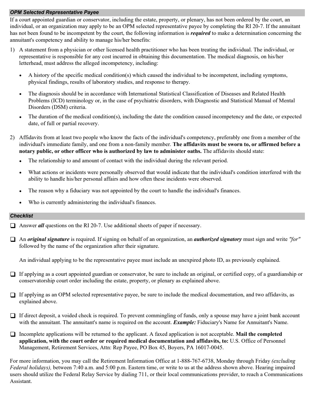 RI 20-7 (2024) Application for Selection as Representative Payee of an Annuitant (OPM retirement) — page 2 of 5
