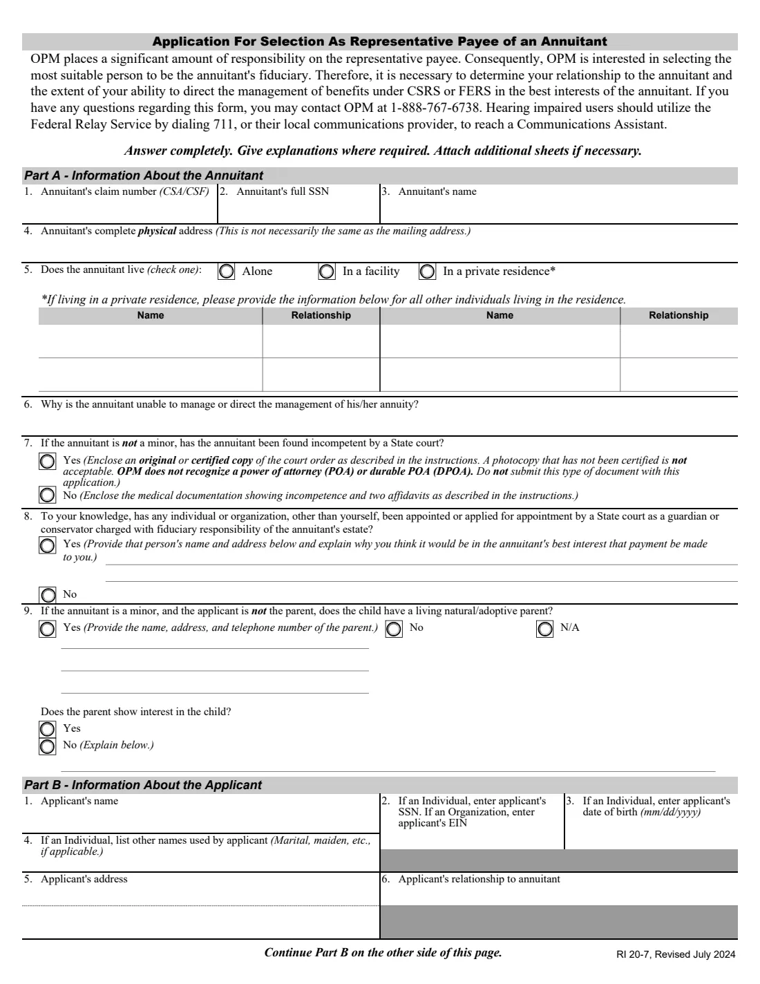 RI 20-7 (2024) Application for Selection as Representative Payee of an Annuitant (OPM retirement) — page 3 of 5