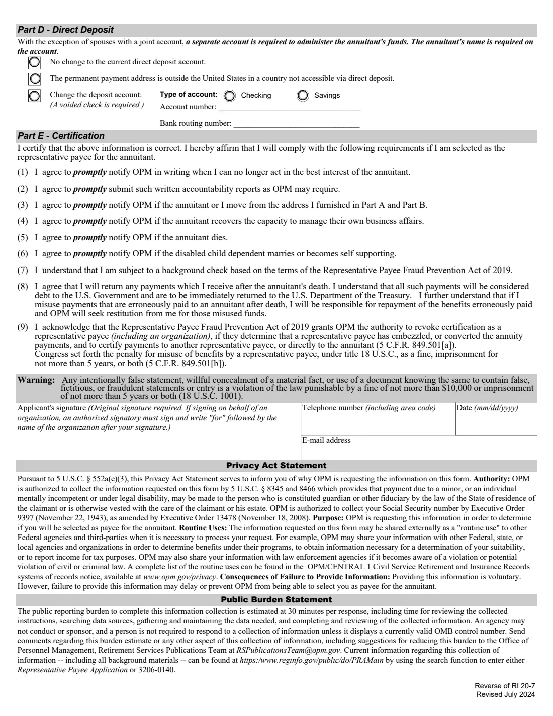 RI 20-7 (2024) Application for Selection as Representative Payee of an Annuitant (OPM retirement) — page 5 of 5