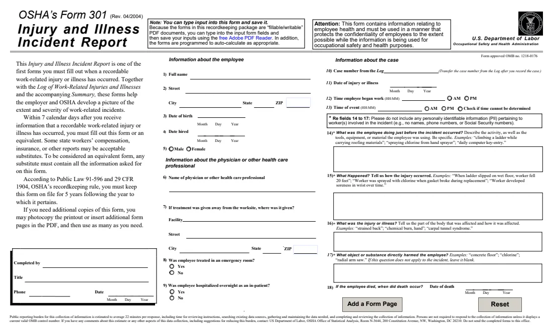OSHA Forms 300, 300A and 301 (2004) Forms for Recording Work-Related Injuries and Illnesses (OSHA 300, 300A, 301) — page 10 of 12
