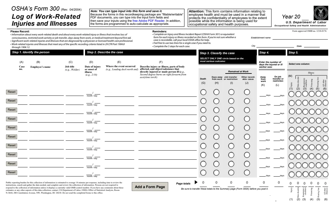 OSHA Forms 300, 300A and 301 (2004) Forms for Recording Work-Related Injuries and Illnesses (OSHA 300, 300A, 301) — page 7 of 12
