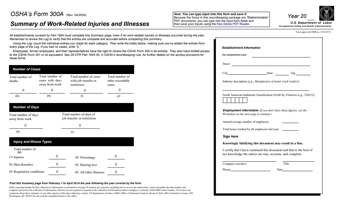 OSHA Forms 300, 300A and 301 (2004) Forms for Recording Work-Related Injuries and Illnesses (OSHA 300, 300A, 301) — page 8 of 12