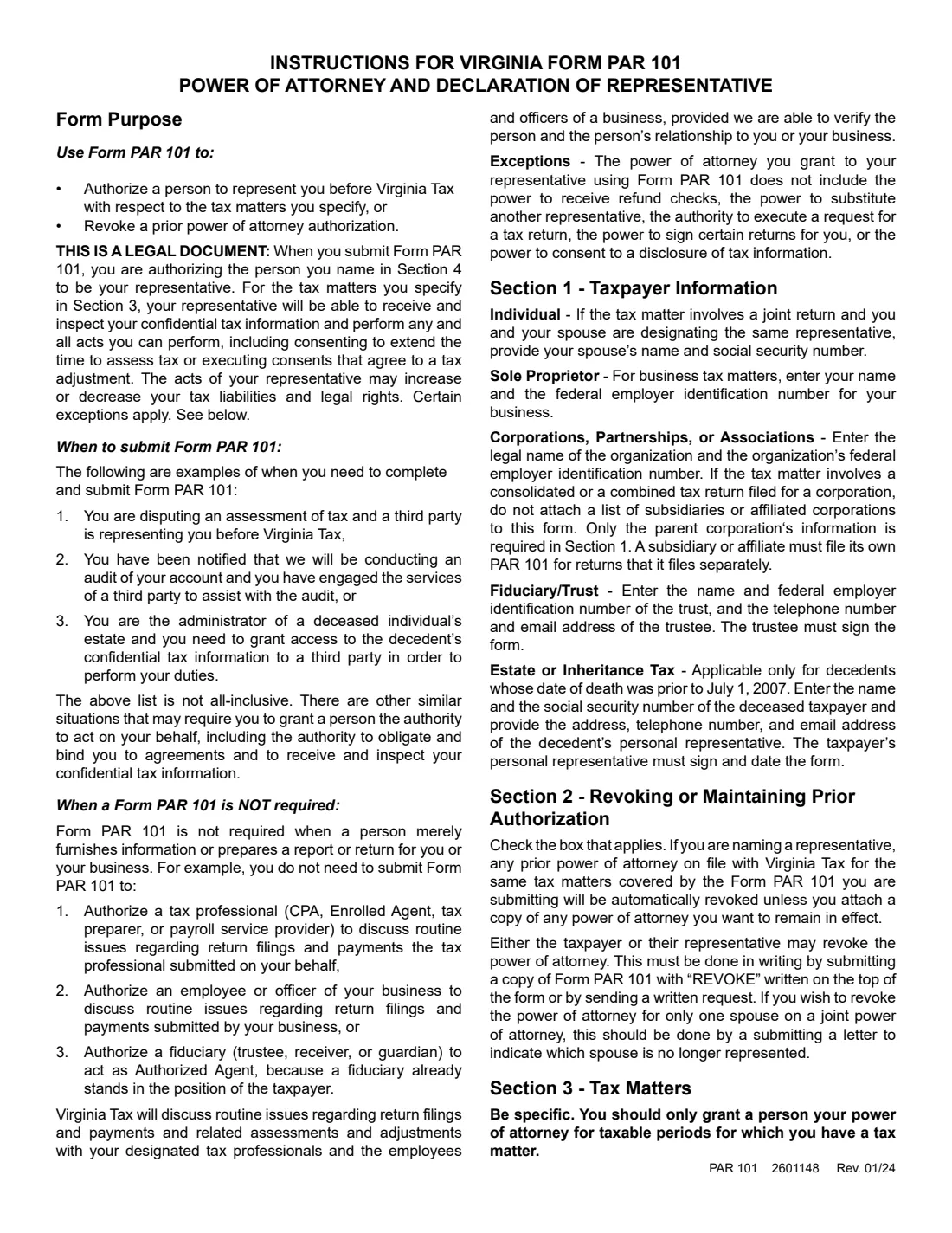 Virginia Form PAR 101 (2024) Virginia Power of Attorney and Declaration of Representative — page 3 of 4