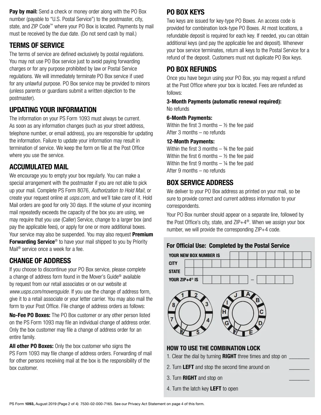 PS Form 1093 (2019) Application for Post Office Box Service — page 2 of 4