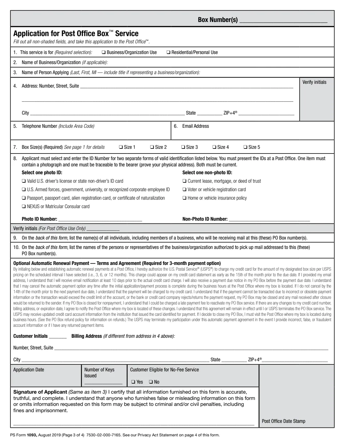 PS Form 1093 (2019) Application for Post Office Box Service — page 3 of 4