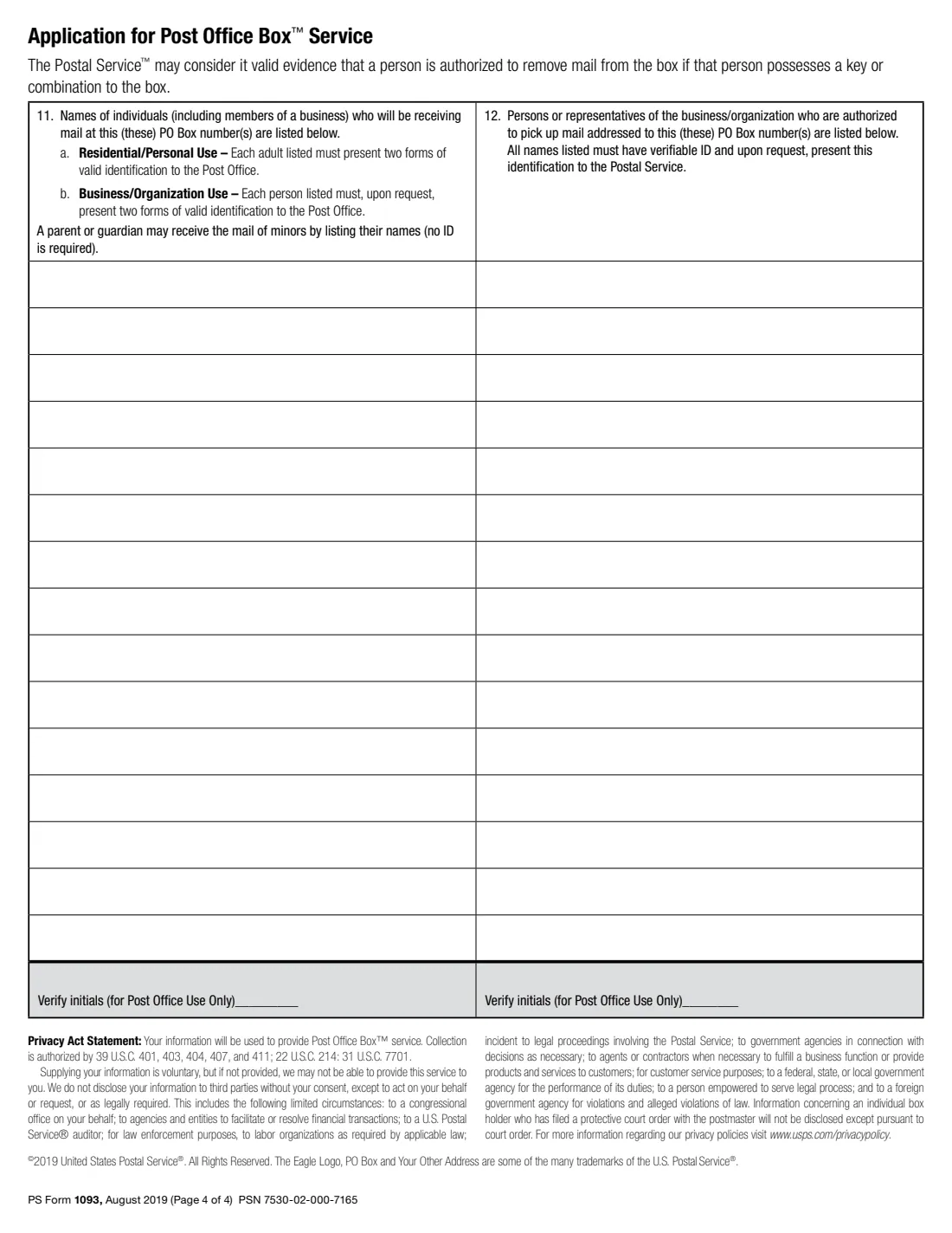 PS Form 1093 (2019) Application for Post Office Box Service — page 4 of 4