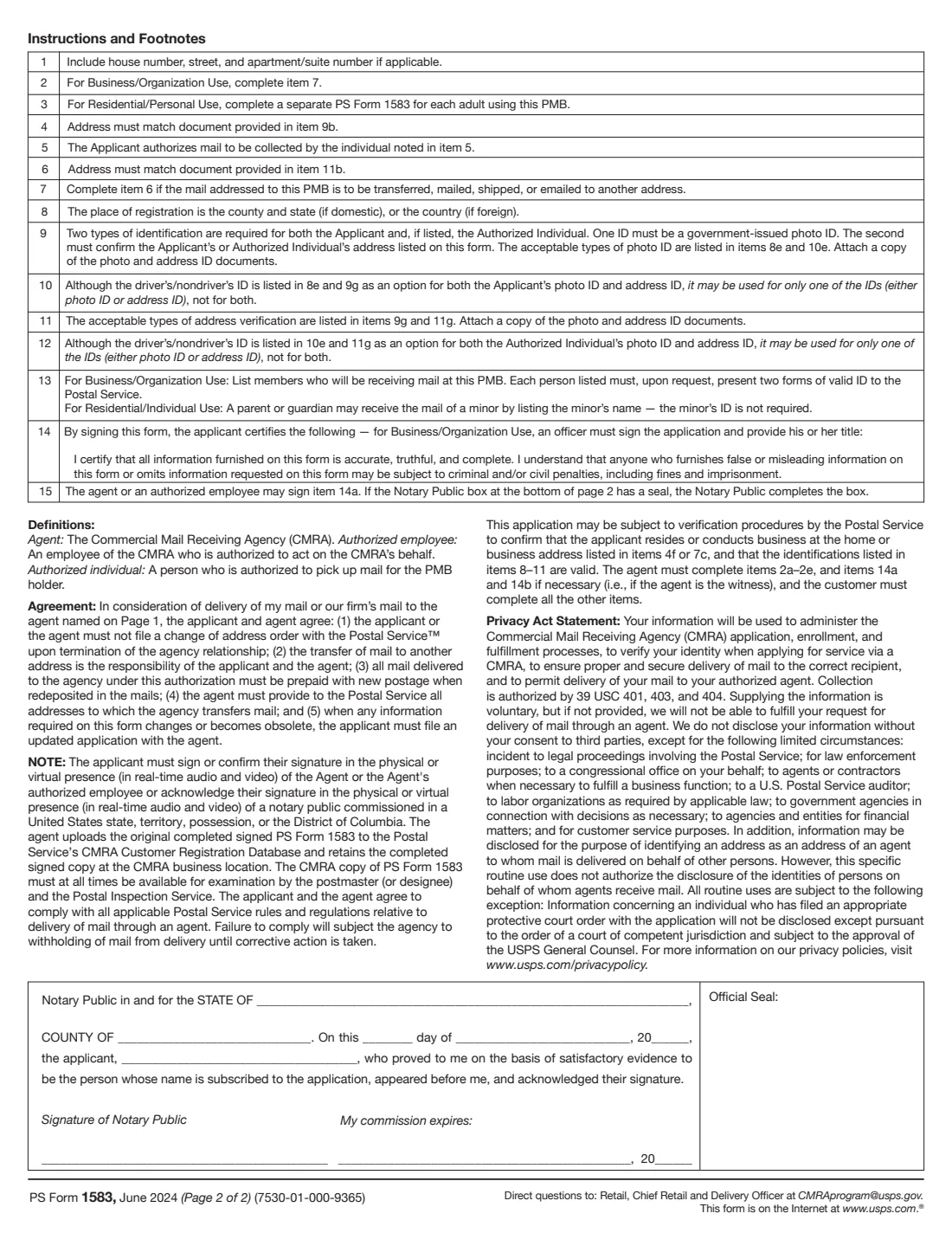 PS Form 1583 (2024) Application for Delivery of Mail Through Agent — page 2 of 2
