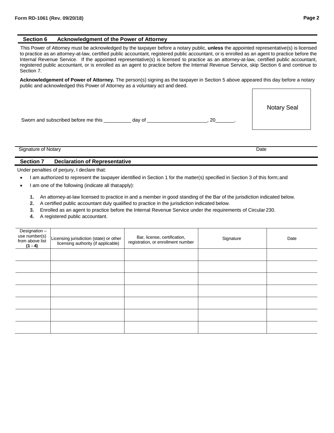 Form RD-1061 (2018) Power of Attorney and Declaration of Representative — page 2 of 4