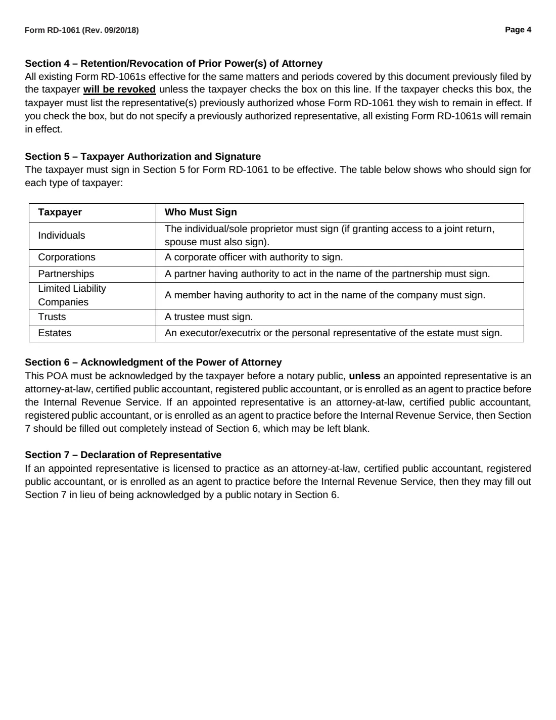 Form RD-1061 (2018) Power of Attorney and Declaration of Representative — page 4 of 4