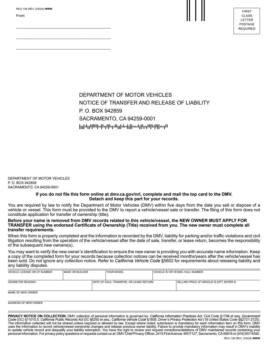 REG 138 (2024) Notice of Transfer and Release of Liability — page 2 of 2