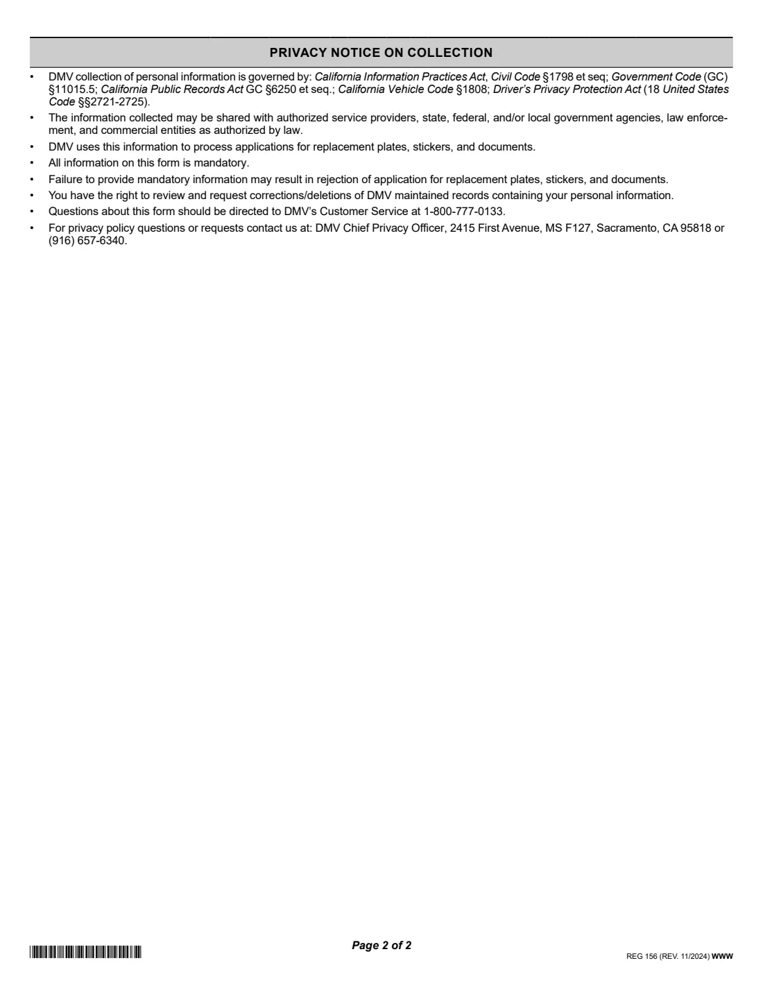 REG 156 (2024) Application for Replacement Plates, Stickers, Documents (California) — page 2 of 2