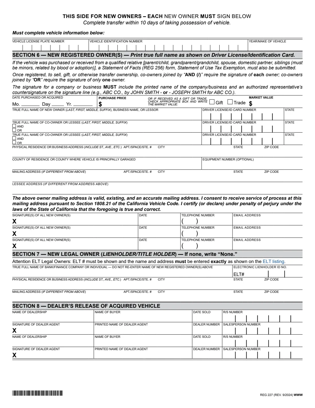 REG 227 (2024) Application for Replacement or Transfer of Title (California) — page 2 of 3