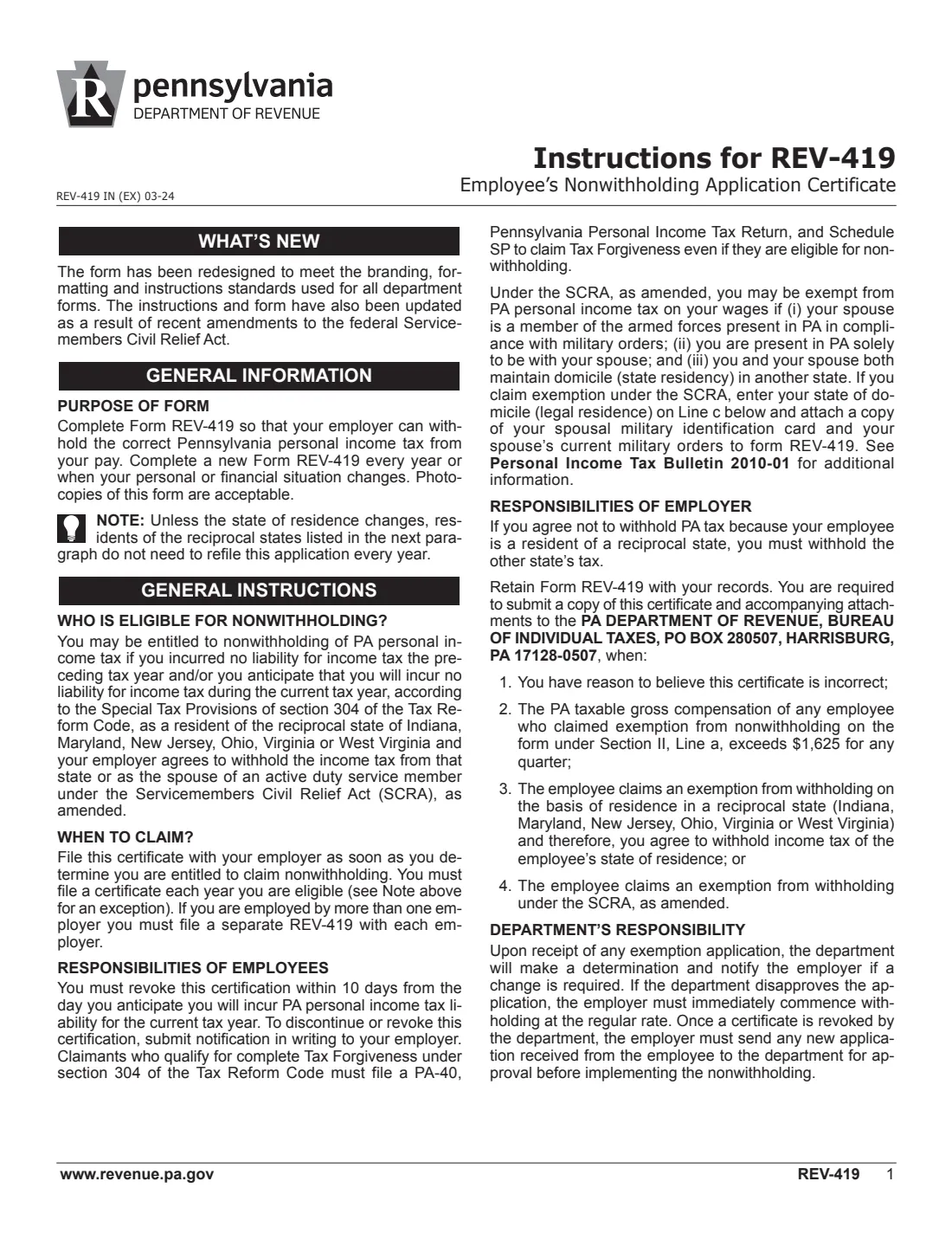 Form REV-419 (2020) Employee's Nonwithholding Application Certificate (Pennsylvania) — page 3 of 3