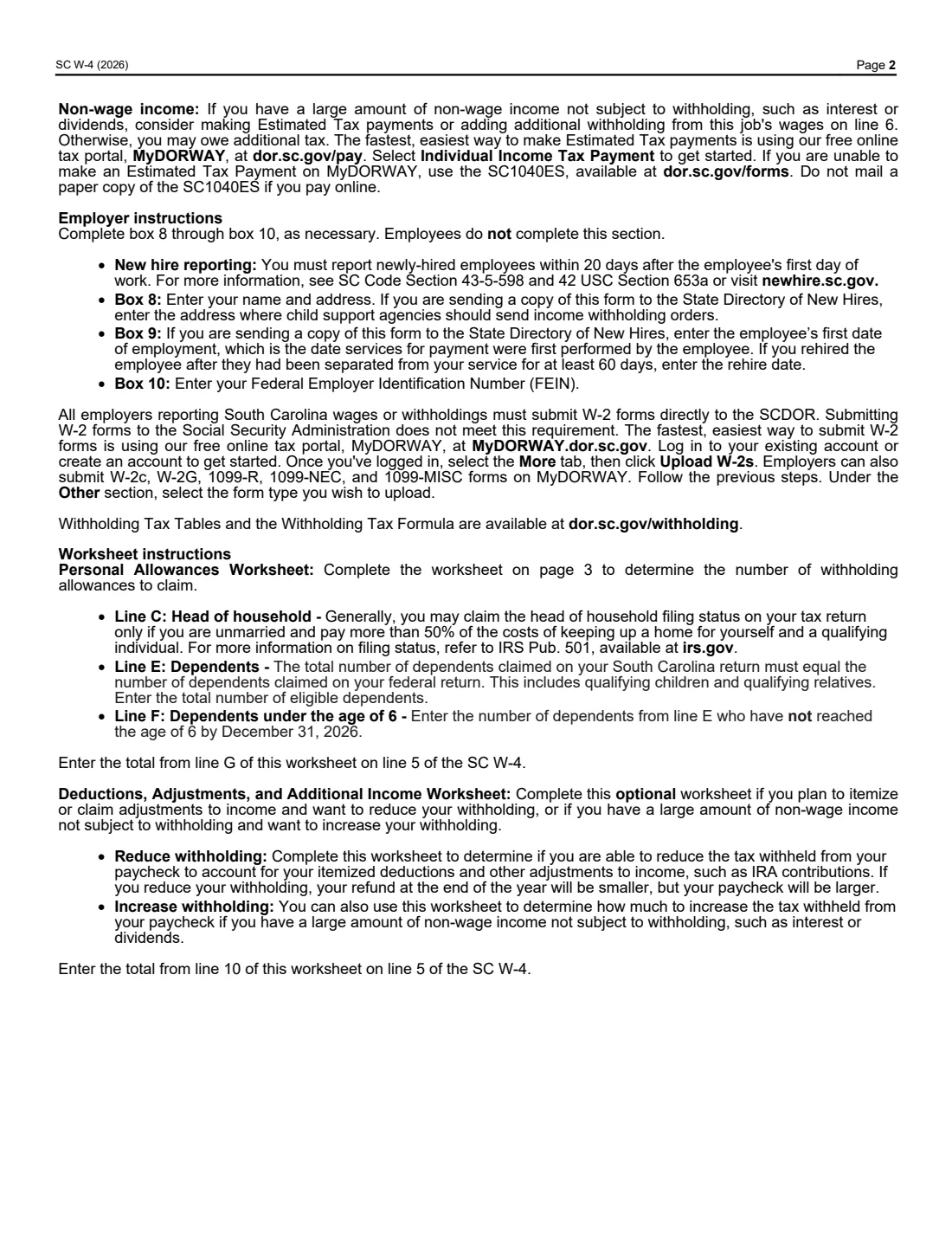 Form SC W-4 (2026) South Carolina Employee's Withholding Allowance Certificate — page 2 of 3