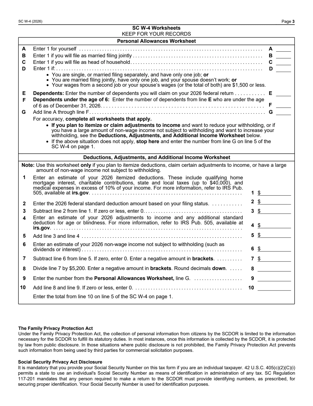 Form SC W-4 (2026) South Carolina Employee's Withholding Allowance Certificate — page 3 of 3