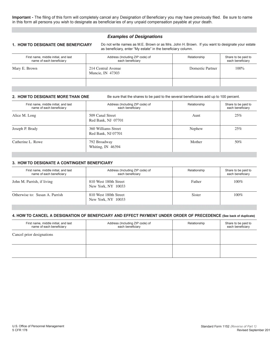 SF 1152 (2011) Designation of Beneficiary: Unpaid Compensation of Deceased Civilian Employee — page 2 of 4