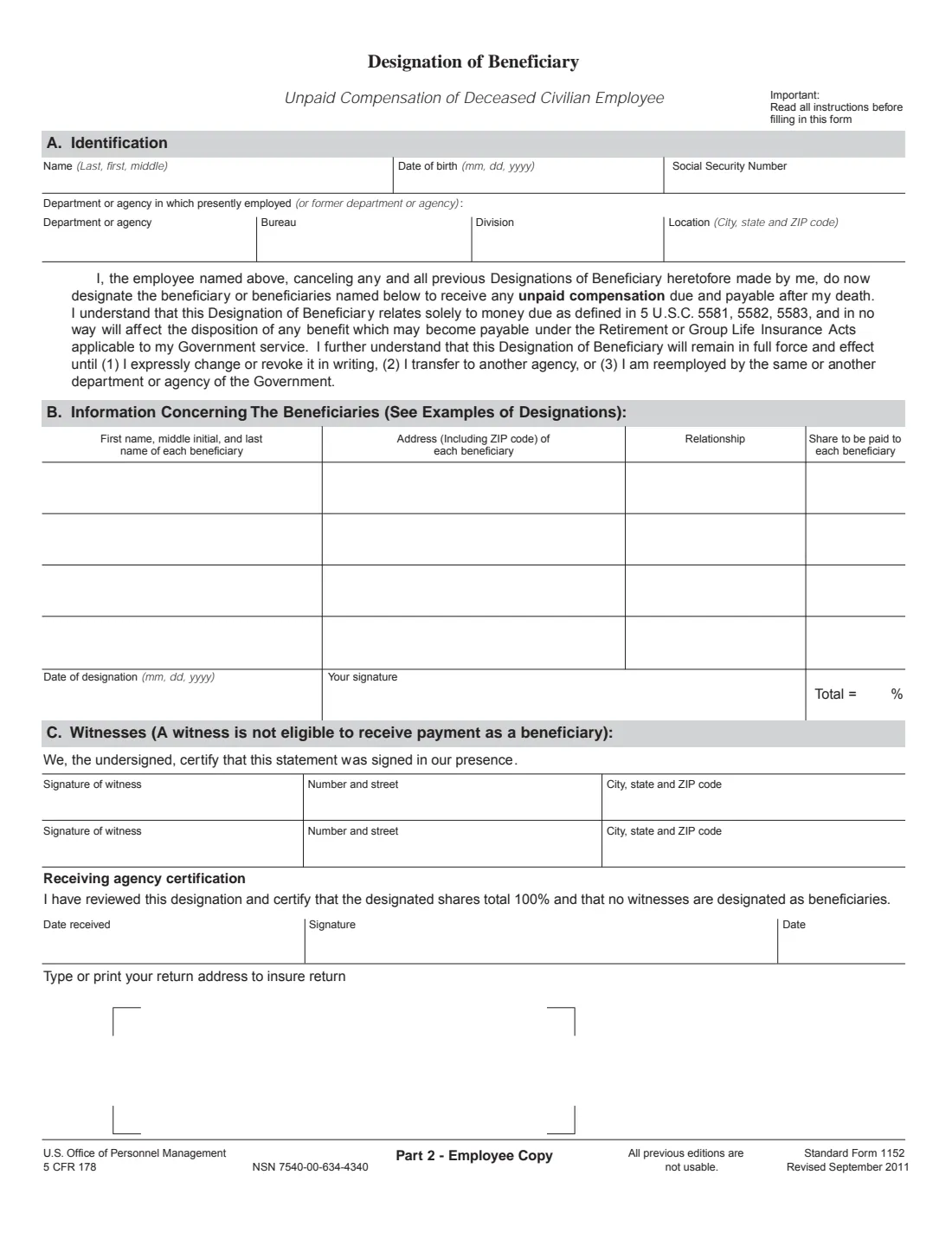 SF 1152 (2011) Designation of Beneficiary: Unpaid Compensation of Deceased Civilian Employee — page 3 of 4