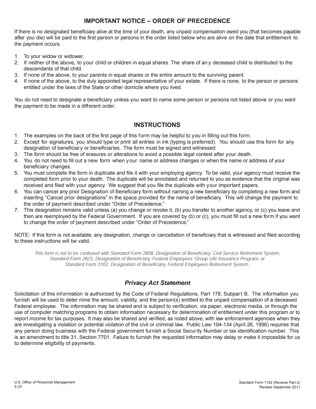 SF 1152 (2011) Designation of Beneficiary: Unpaid Compensation of Deceased Civilian Employee — page 4 of 4