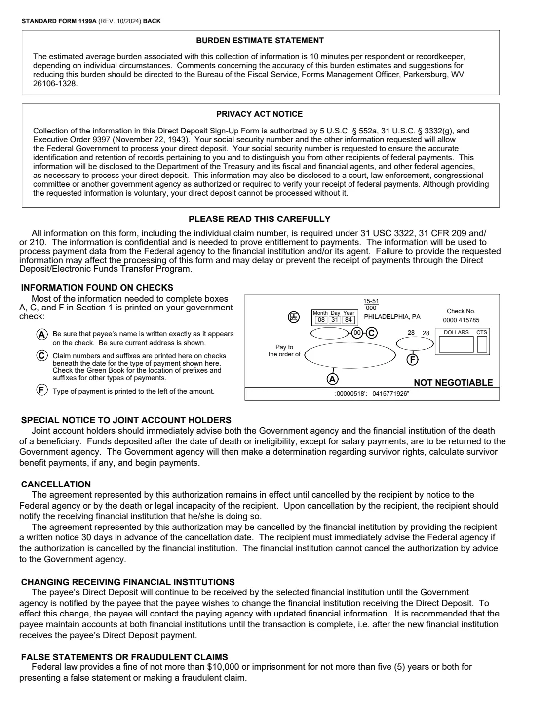 SF 1199A (2024) Direct Deposit Sign-Up Form — page 4 of 4