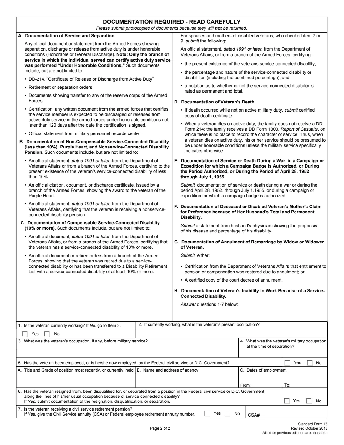 SF 15 (2013) Application for 10-Point Veteran Preference — page 2 of 2