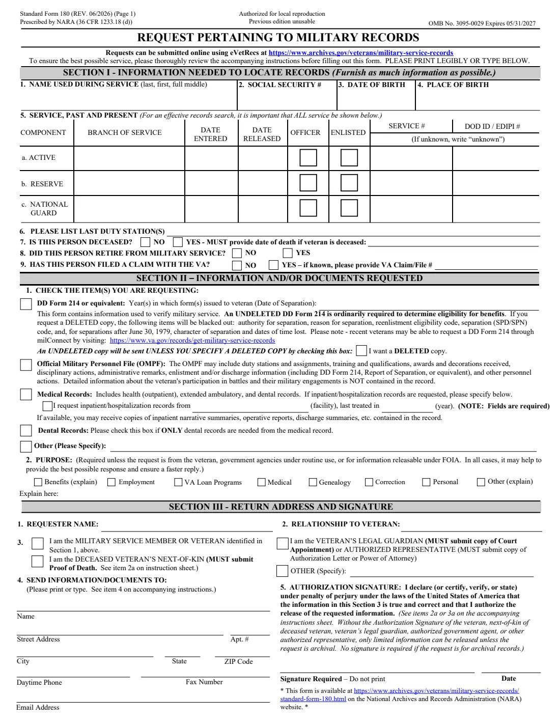SF 180 (2026) Request Pertaining to Military Records — page 2 of 3