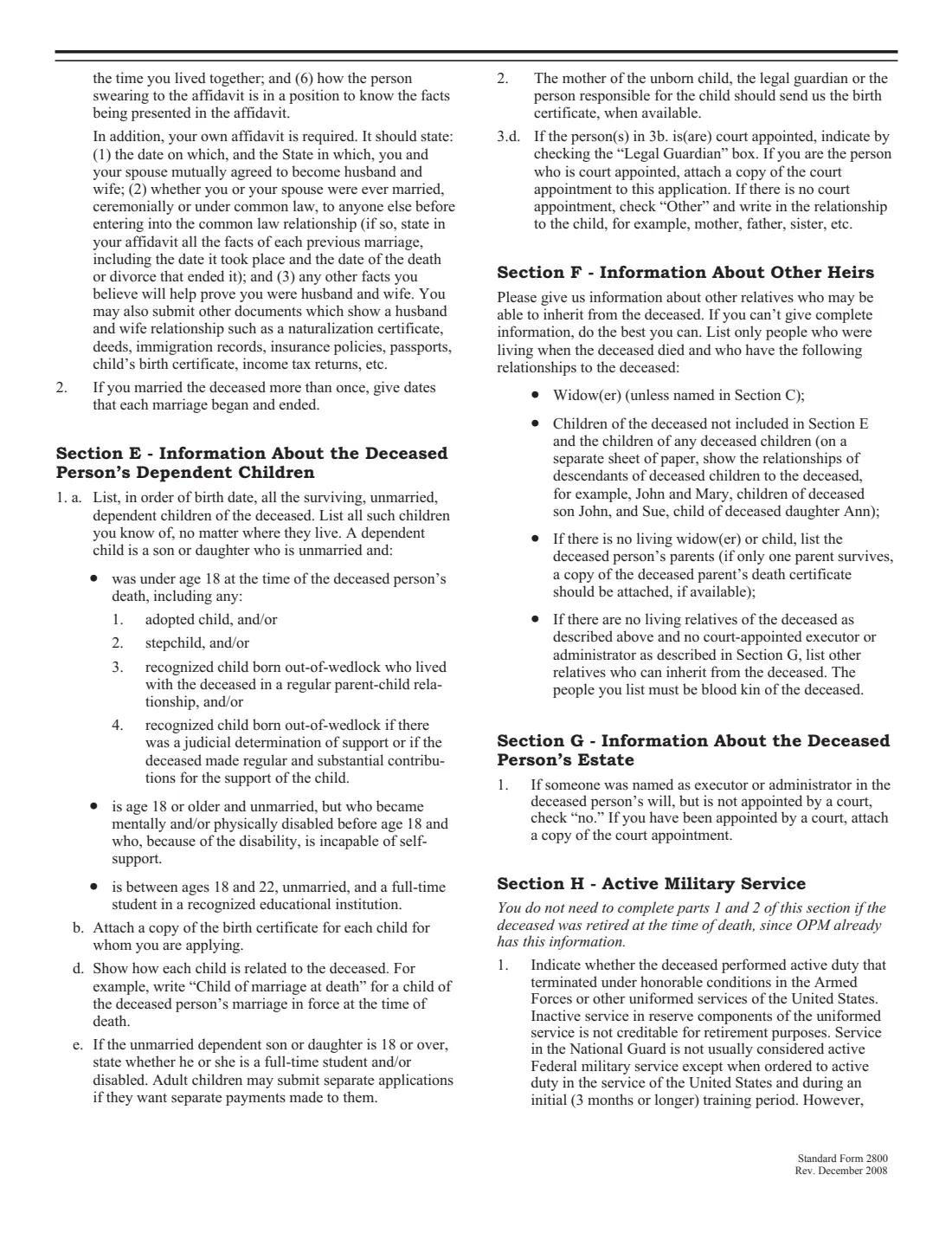 SF 2800 (2008) Application for Death Benefits - Civil Service Retirement System — page 2 of 7