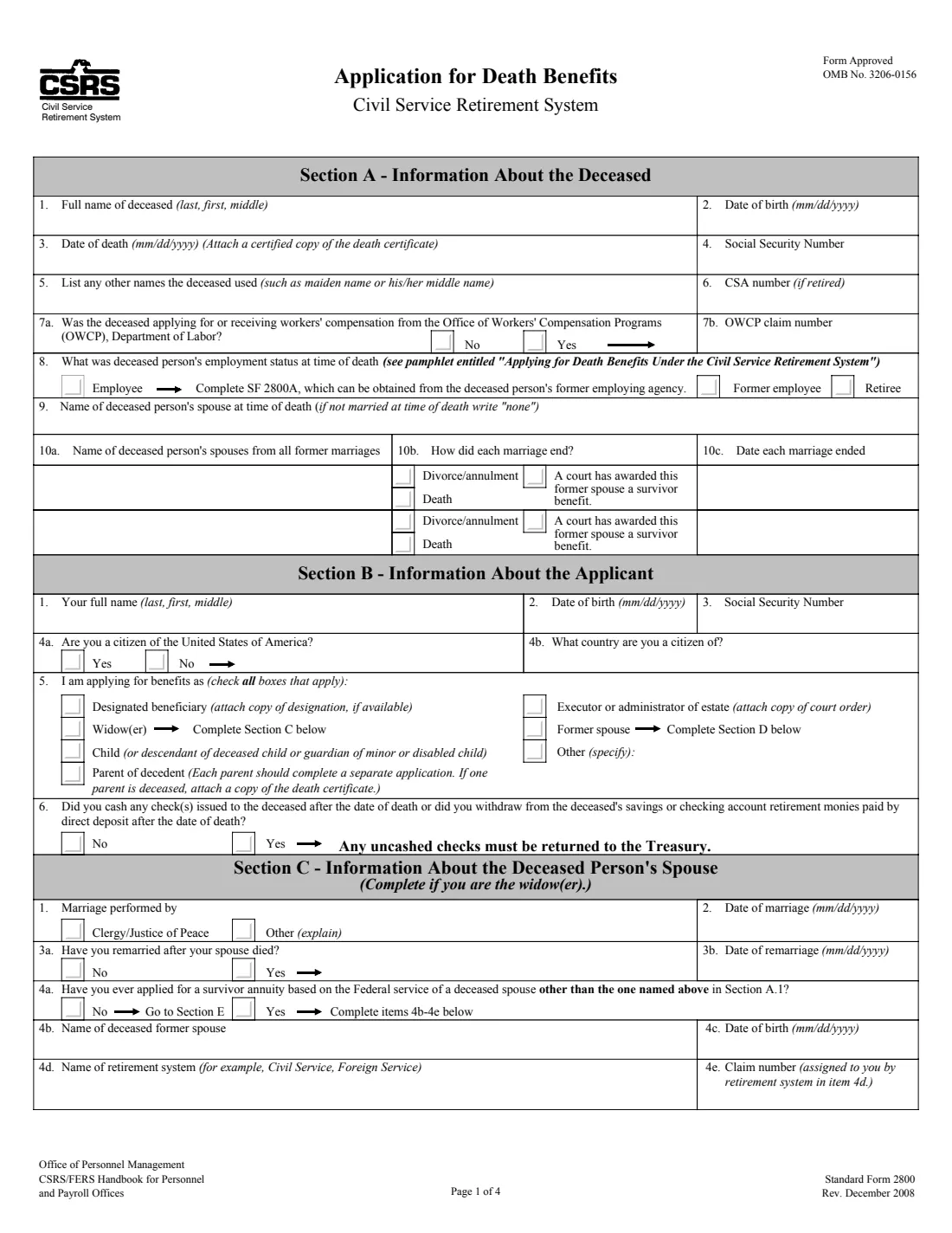 SF 2800 (2008) Application for Death Benefits - Civil Service Retirement System — page 4 of 7