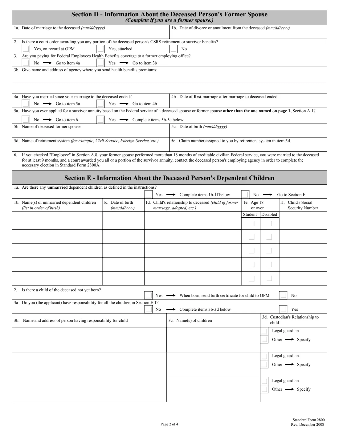SF 2800 (2008) Application for Death Benefits - Civil Service Retirement System — page 5 of 7