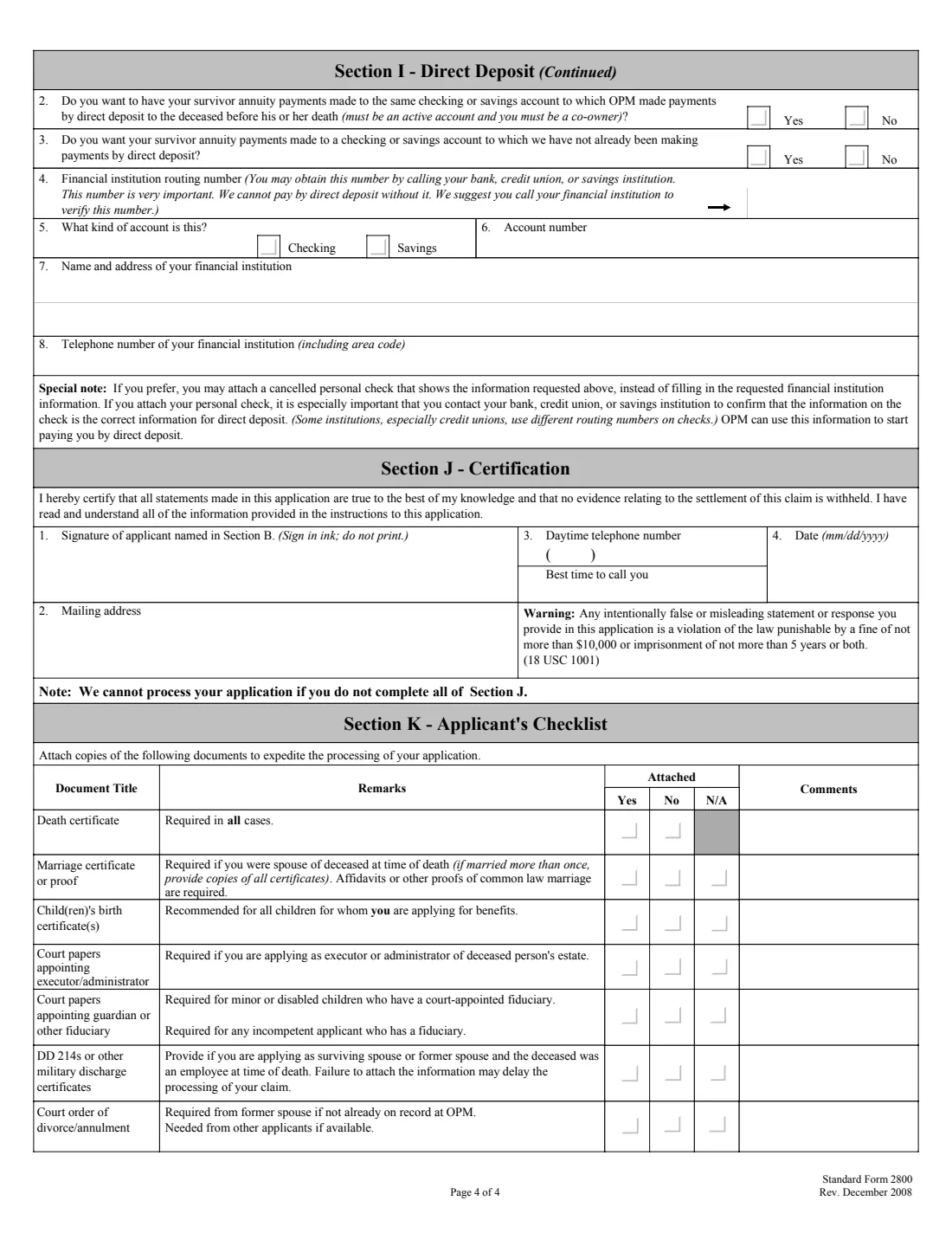 SF 2800 (2008) Application for Death Benefits - Civil Service Retirement System — page 7 of 7