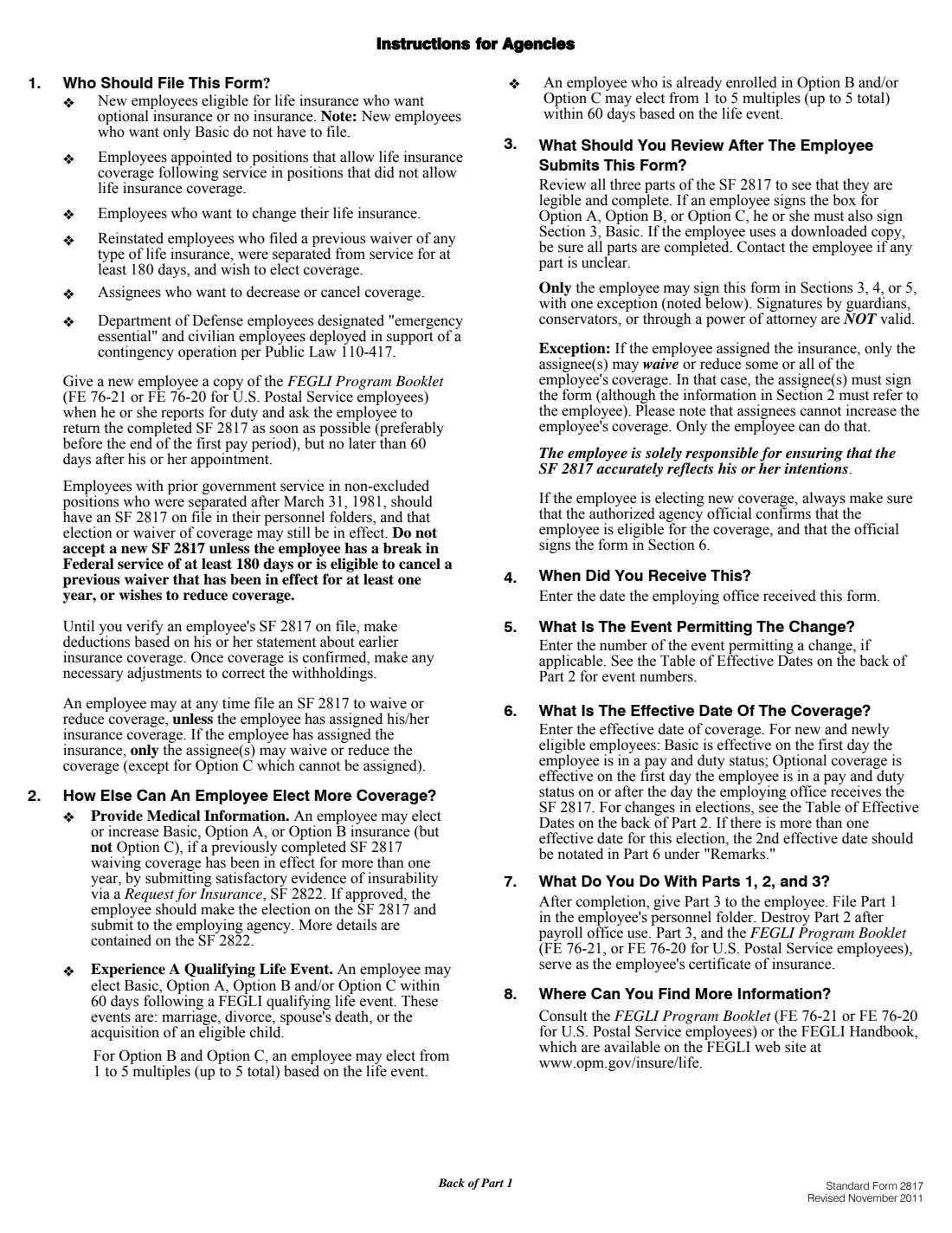 SF 2817 (2011) Life Insurance Election: Federal Employees' Group Life Insurance (FEGLI) Program — page 2 of 5