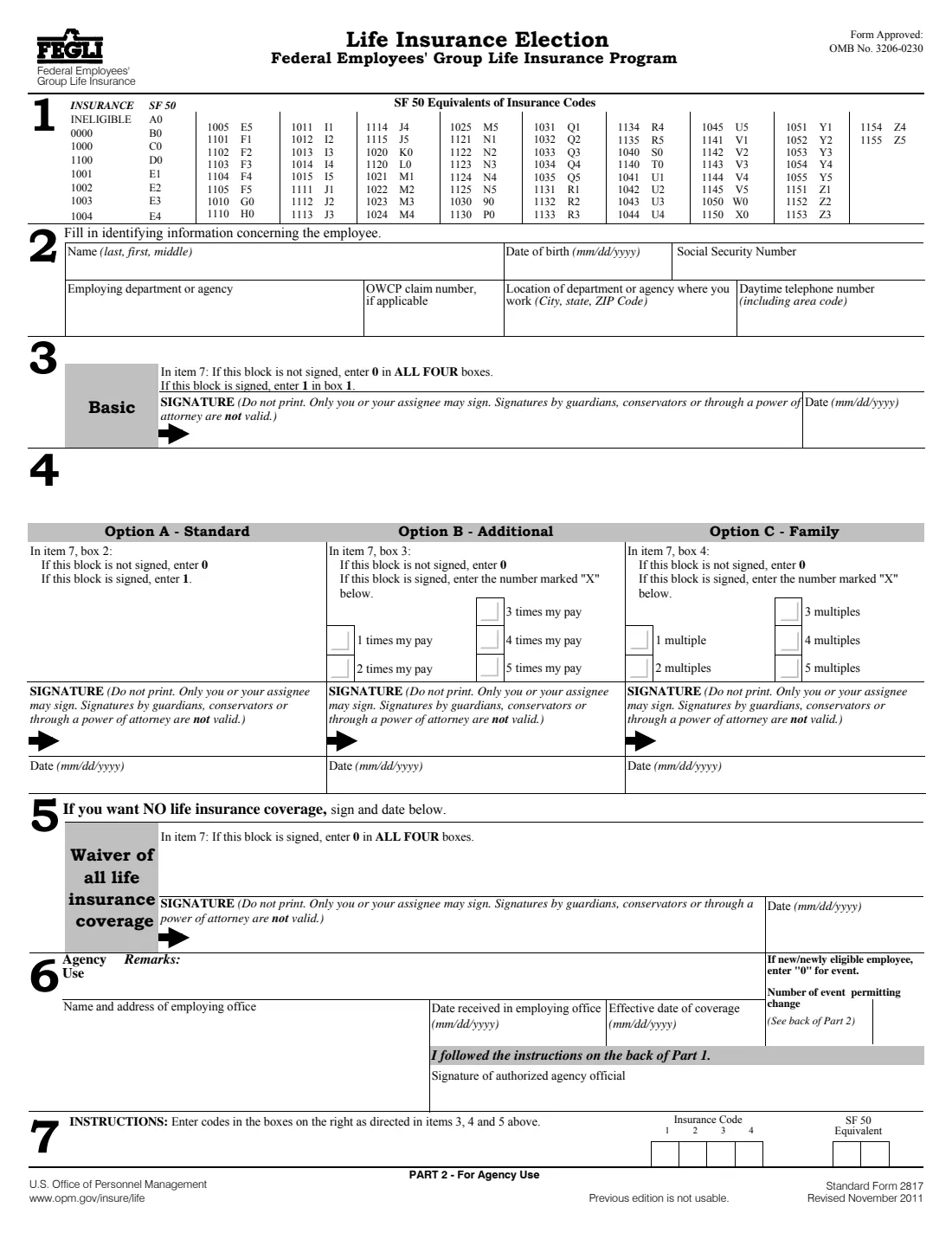 SF 2817 (2011) Life Insurance Election: Federal Employees' Group Life Insurance (FEGLI) Program — page 3 of 5