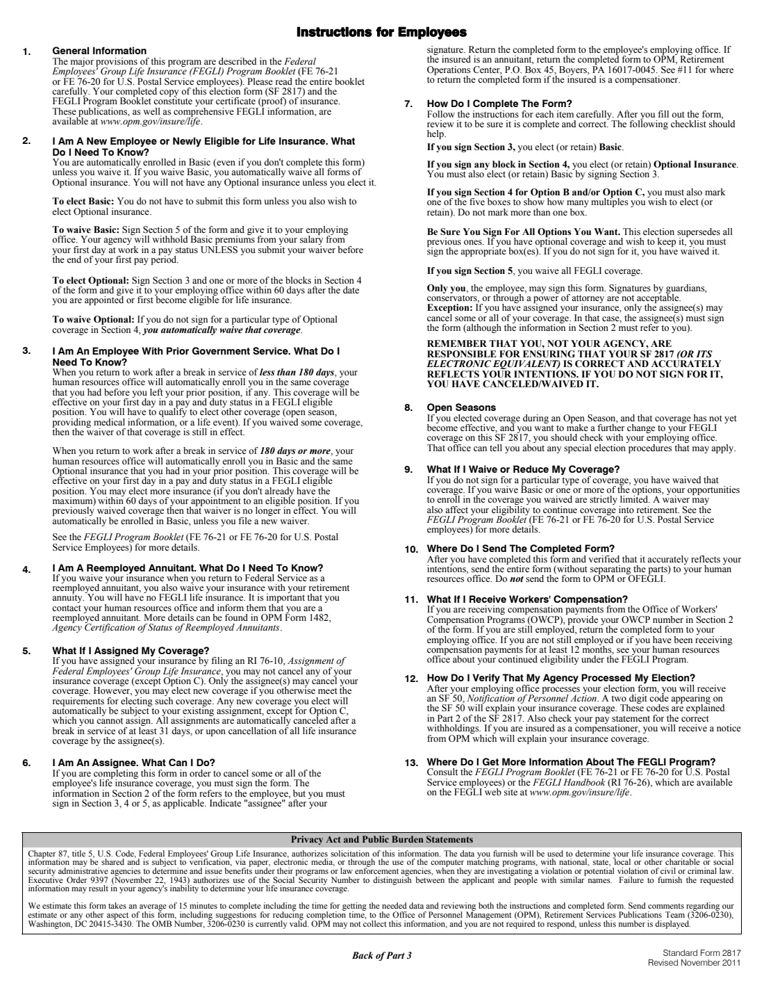 SF 2817 (2011) Life Insurance Election: Federal Employees' Group Life Insurance (FEGLI) Program — page 5 of 5