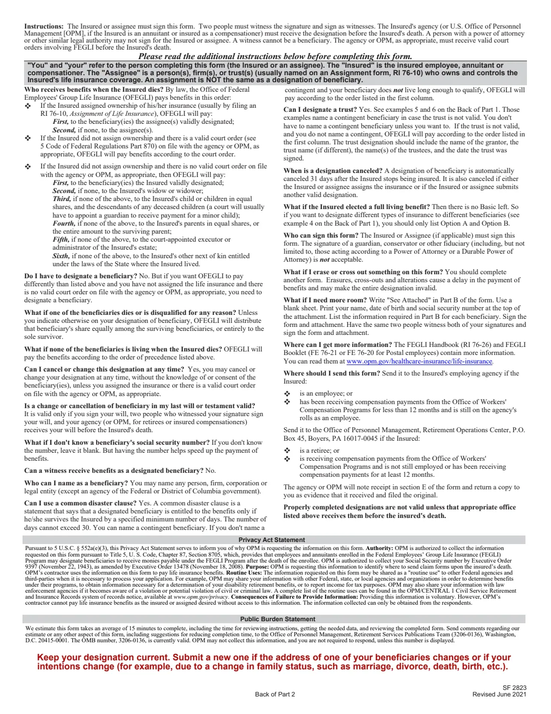SF 2823 (2021) Designation of Beneficiary - Federal Employees' Group Life Insurance (FEGLI) Program — page 3 of 3