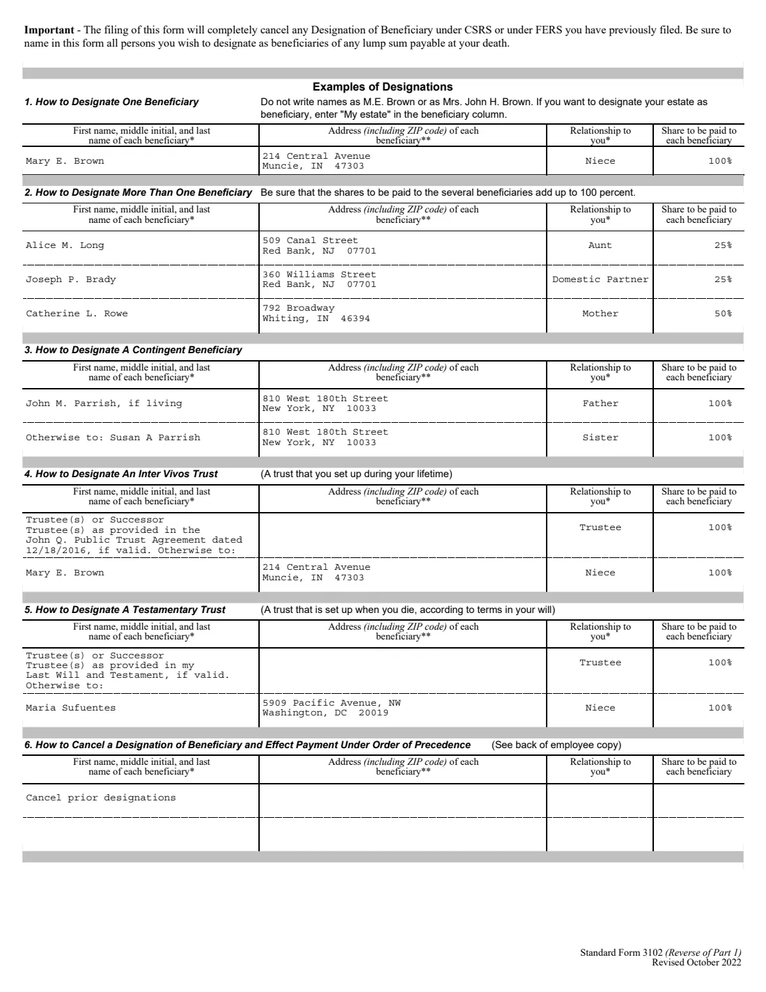 SF 3102 (2022) Designation of Beneficiary - Civil Service and Federal Employees Retirement Systems — page 2 of 3