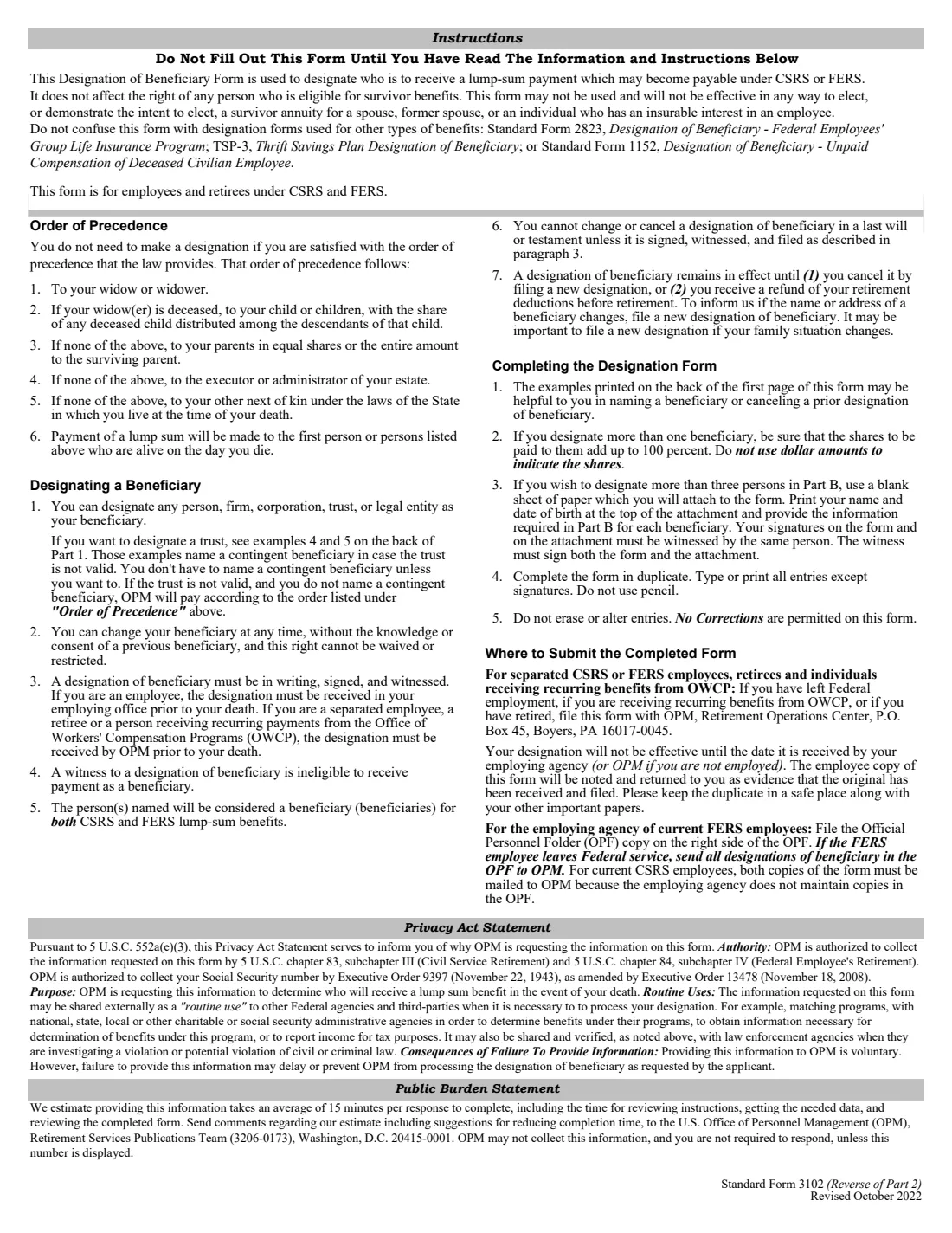 SF 3102 (2022) Designation of Beneficiary - Civil Service and Federal Employees Retirement Systems — page 3 of 3
