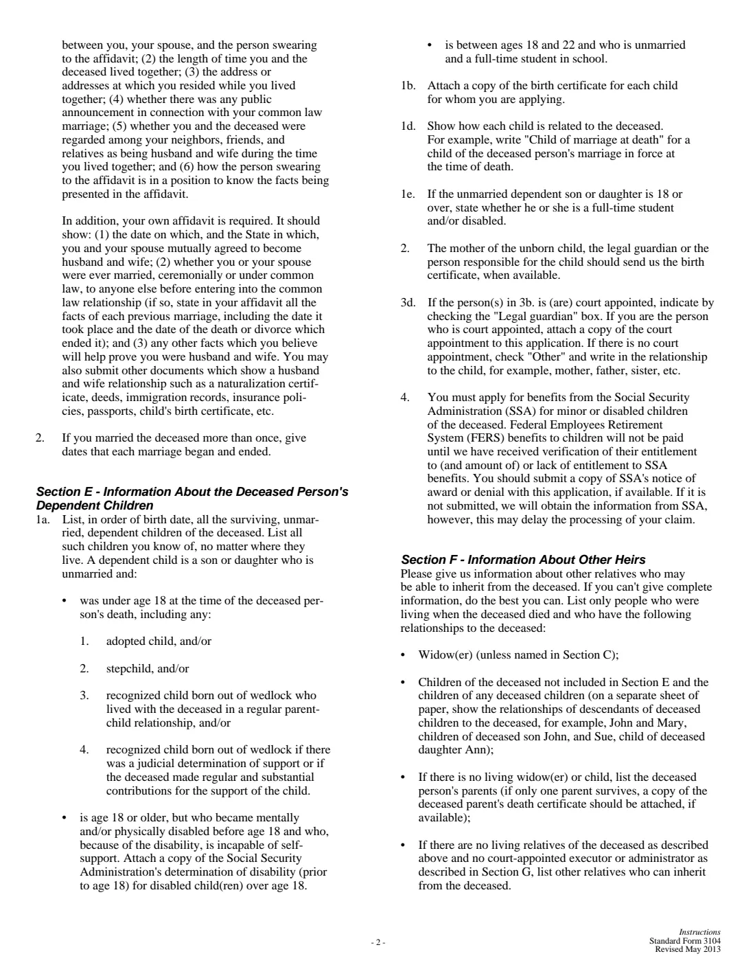 SF 3104 (2013) Application for Death Benefits - Federal Employees Retirement System — page 2 of 8