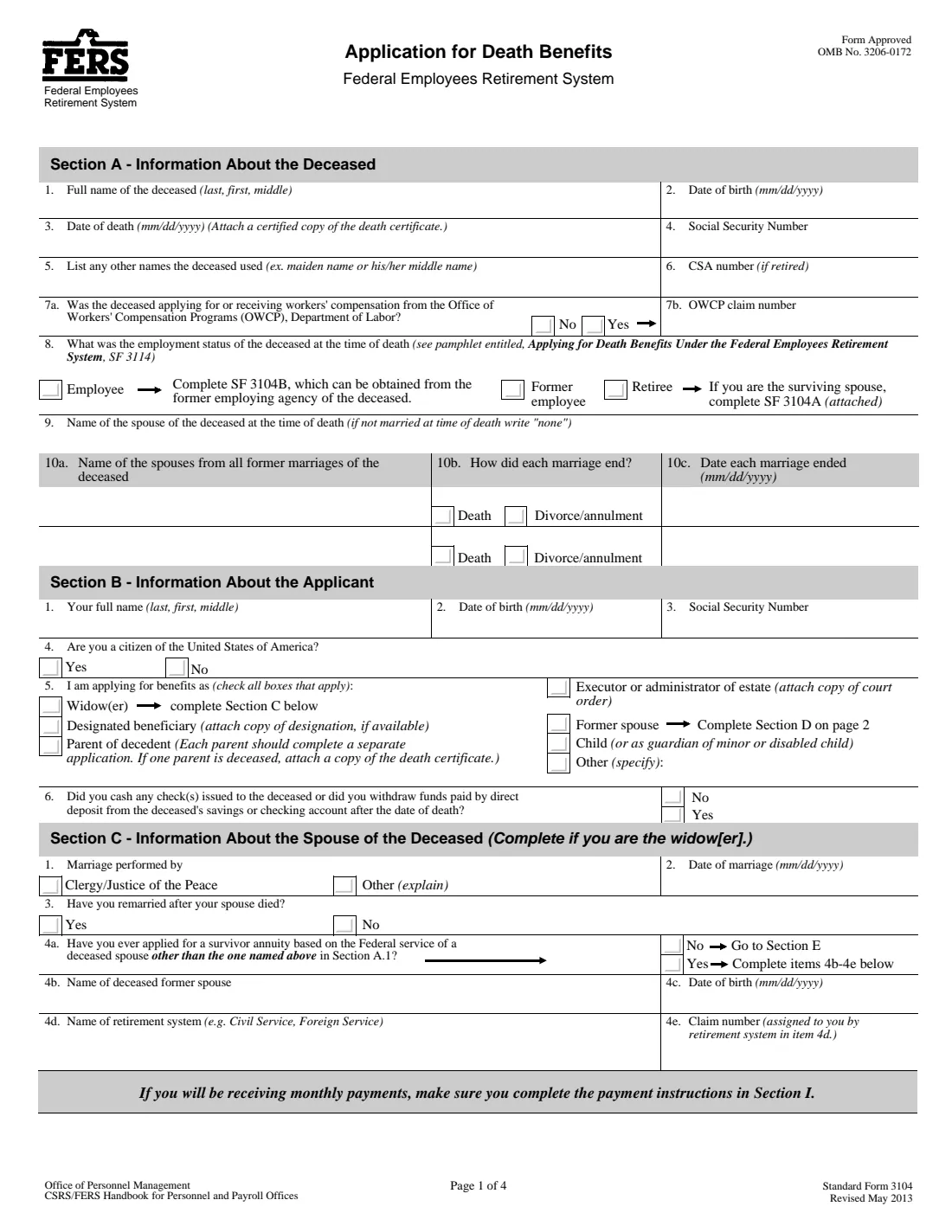 SF 3104 (2013) Application for Death Benefits - Federal Employees Retirement System — page 4 of 8
