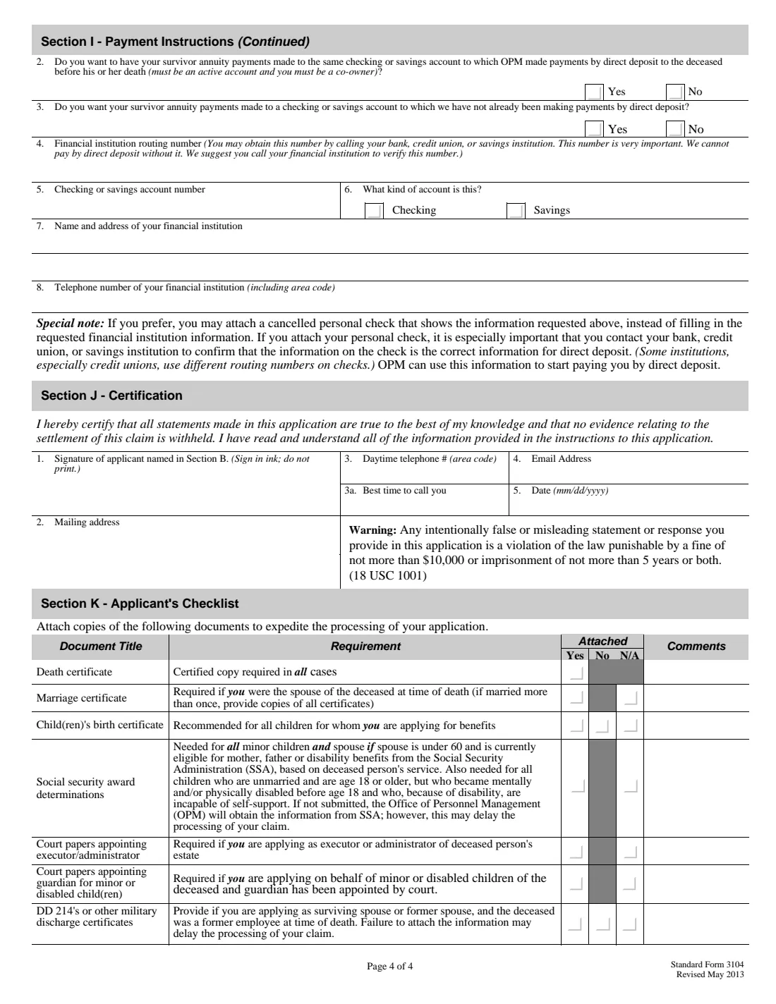 SF 3104 (2013) Application for Death Benefits - Federal Employees Retirement System — page 7 of 8